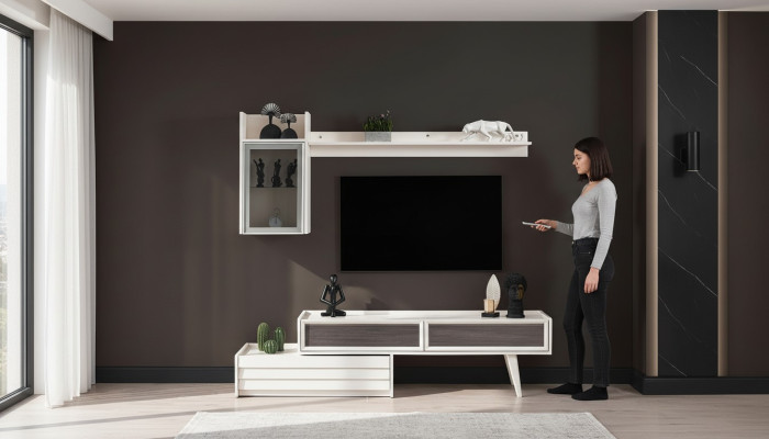 White wood living wall designer cabinet luxury shelf noble TV cabinet