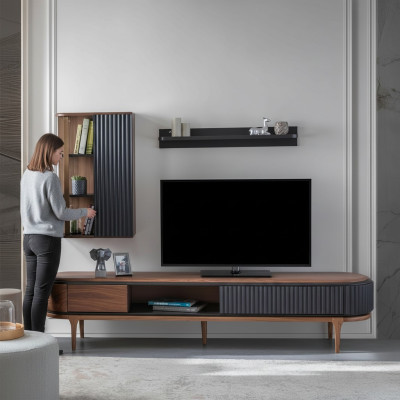 Modern living room set luxury brown TV cabinet wall cabinet shelves