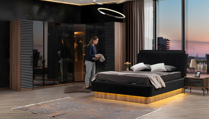 Brown-black bedroom set complete suite bed 2x nightstands