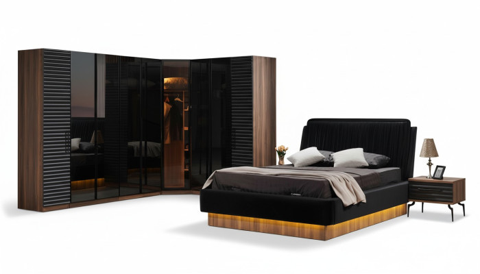 Brown-black bedroom set complete suite bed 2x nightstands