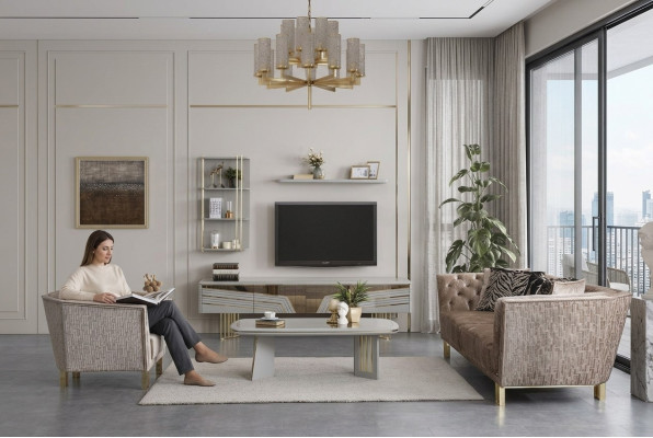 Modern gray living room set luxury TV cabinet wall cabinets shelves