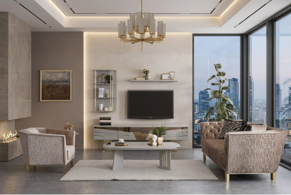 Modern gray living room set luxury TV cabinet wall cabinets shelves