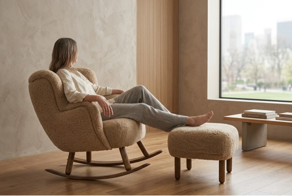 Beige Rocking Chair Luxury Ottoman Living Room Set Upholstered Ottoman 2-piece