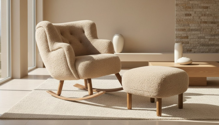 Beige Rocking Chair Luxury Ottoman Living Room Set Upholstered Ottoman 2-piece