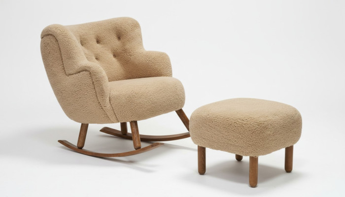 Beige Rocking Chair Luxury Ottoman Living Room Set Upholstered Ottoman 2-piece