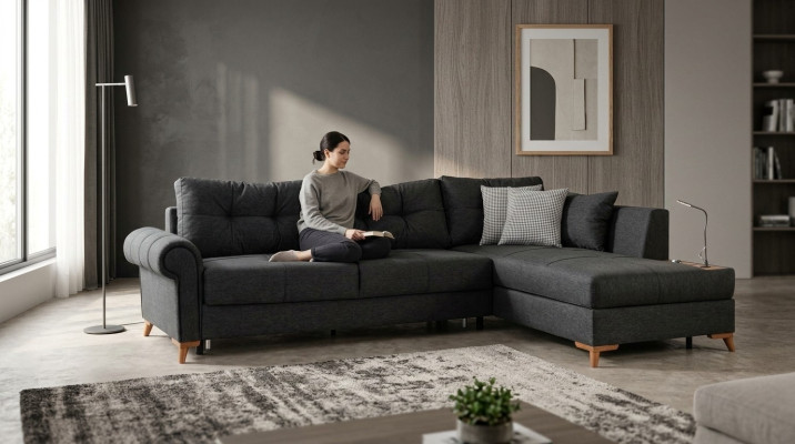 Black corner sofa modern L-shape couch living room upholstered corner couch new