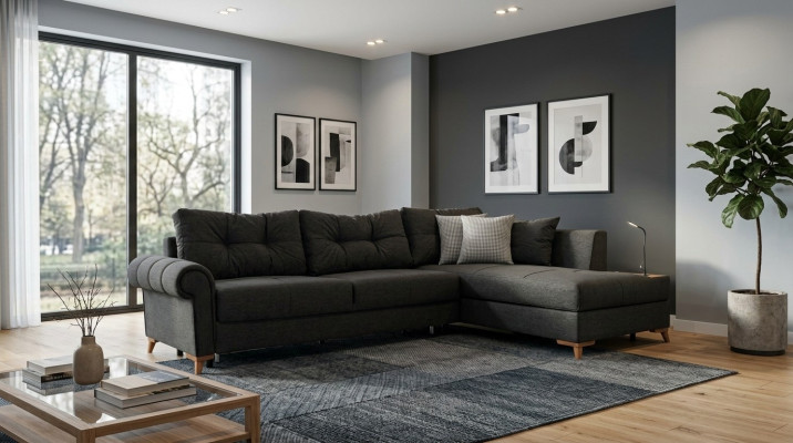 Black corner sofa modern L-shape couch living room upholstered corner couch new