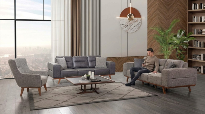 Gray Complete Living Room Sofa Set 2x Three-Seater Armchair 3-Piece Set