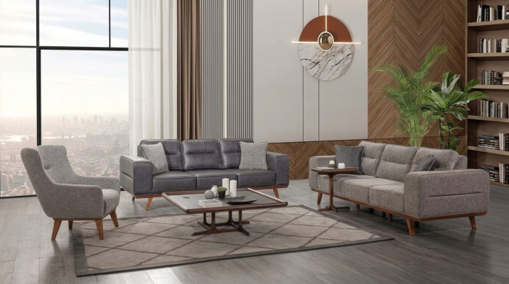 Gray Complete Living Room Sofa Set 2x Three-Seater Armchair 3-Piece Set