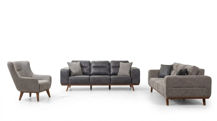 Gray Complete Living Room Sofa Set 2x Three-Seater Armchair 3-Piece Set
