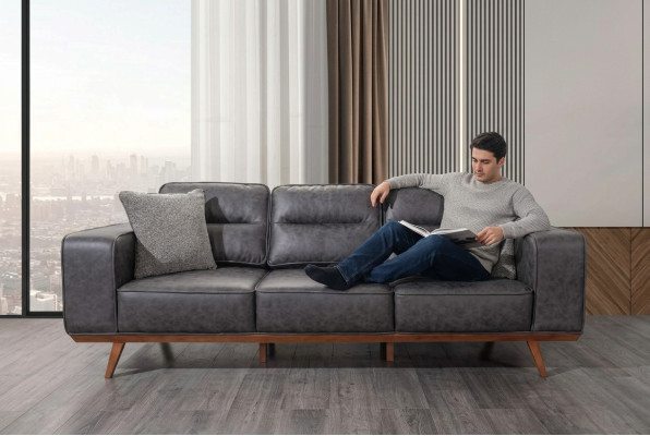 Modern grey 3-seater upholstered luxury leather sofas living room furniture
