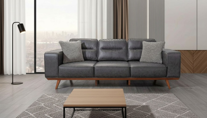 Modern grey 3-seater upholstered luxury leather sofas living room furniture