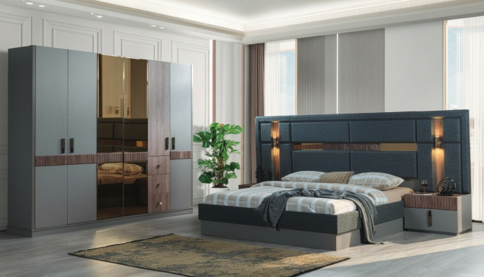 Gray Bedroom Complete Set Bed 2x Nightstands Wardrobe