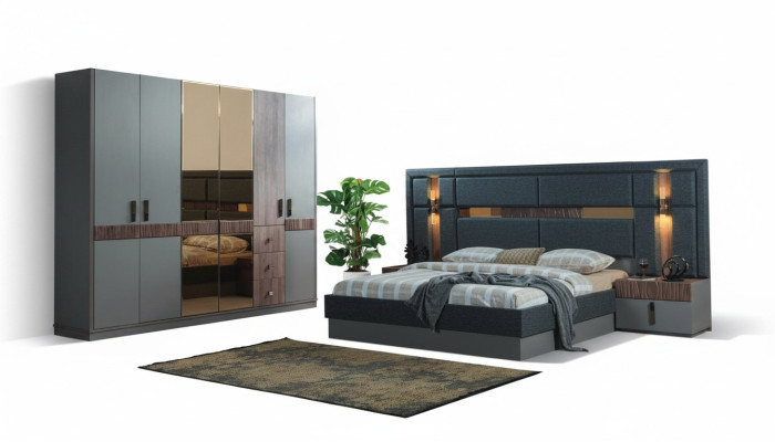 Gray Bedroom Complete Set Bed 2x Nightstands Wardrobe