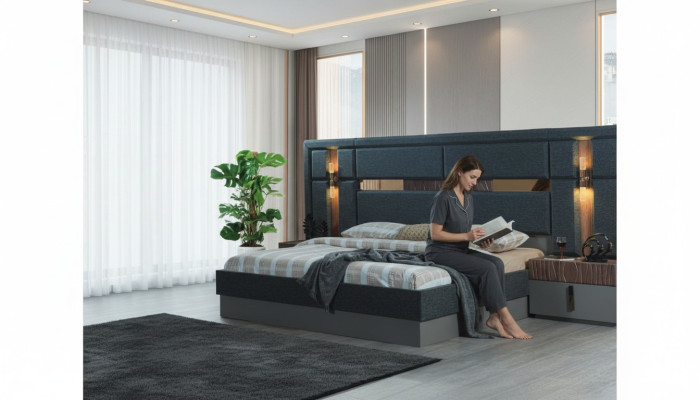Dark grey double bed designer wooden nightstands bedroom set
