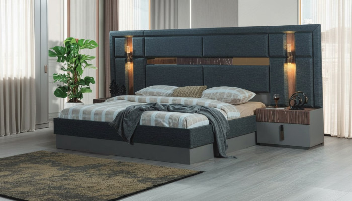 Dark grey double bed designer wooden nightstands bedroom set