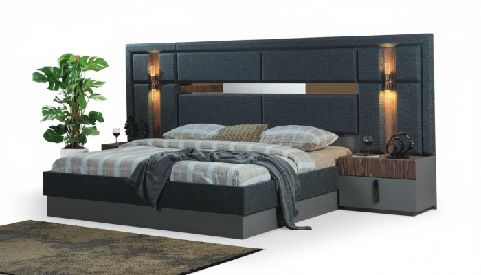 Dark grey double bed designer wooden nightstands bedroom set