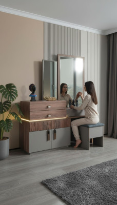 Brown-Grey Bedroom Furniture Luxury Dresser With Mirror Upholstered Stool