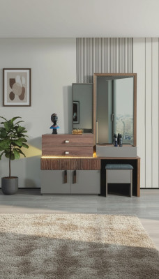 Brown-Grey Bedroom Furniture Luxury Dresser With Mirror Upholstered Stool