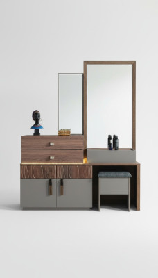 Brown-Grey Bedroom Furniture Luxury Dresser With Mirror Upholstered Stool