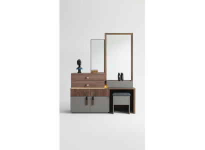 Brown-Grey Bedroom Furniture Luxury Dresser With Mirror Upholstered Stool