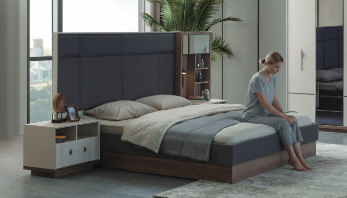 Gray bedroom bed designer set double bed 2x bedside tables