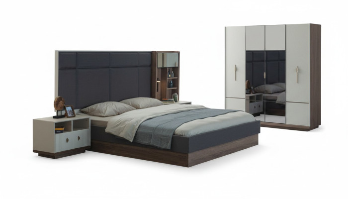 Gray bedroom bed designer set double bed 2x bedside tables