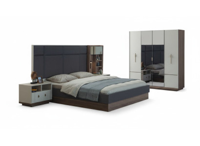 Gray bedroom bed designer set double bed 2x bedside tables