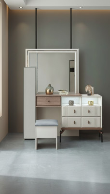 White vanity table with glass mirror, luxurious upholstered stool, modern furniture