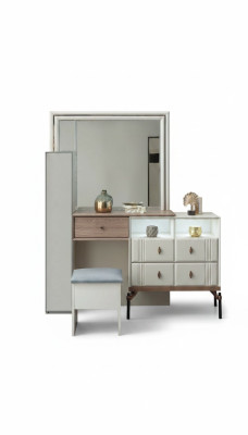White vanity table with glass mirror, luxurious upholstered stool, modern furniture