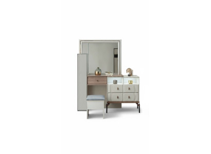 White vanity table with glass mirror, luxurious upholstered stool, modern furniture
