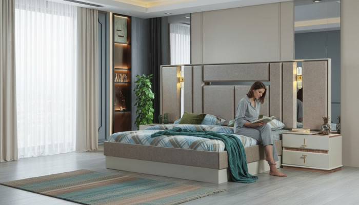 Beige bedroom furniture luxury beds designer nightstands furnishings