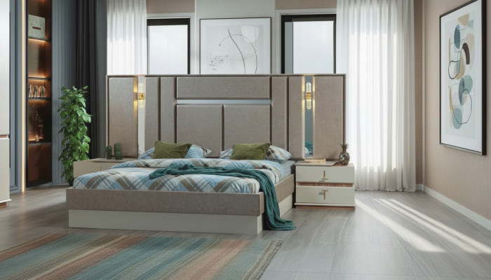 Beige bedroom furniture luxury beds designer nightstands furnishings