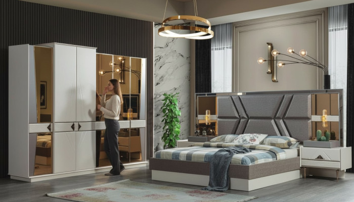 Stylish Gray Bedroom Suite 2x Nightstands Wardrobe Set