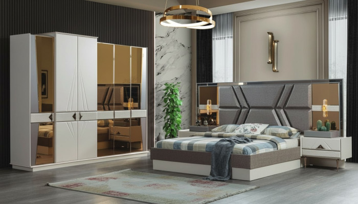 Stylish Gray Bedroom Suite 2x Nightstands Wardrobe Set