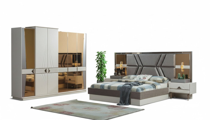 Stylish Gray Bedroom Suite 2x Nightstands Wardrobe Set