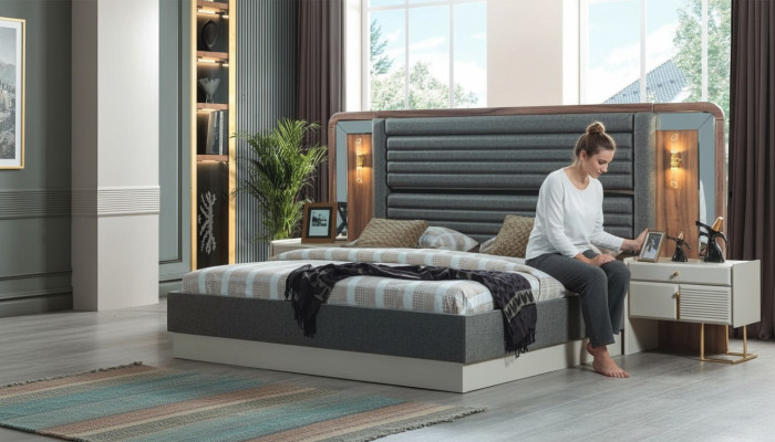 Gray beds designer bedroom double bed 2 wooden nightstands 3-piece set