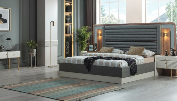 Gray beds designer bedroom double bed 2 wooden nightstands 3-piece set