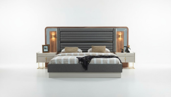 Gray beds designer bedroom double bed 2 wooden nightstands 3-piece set