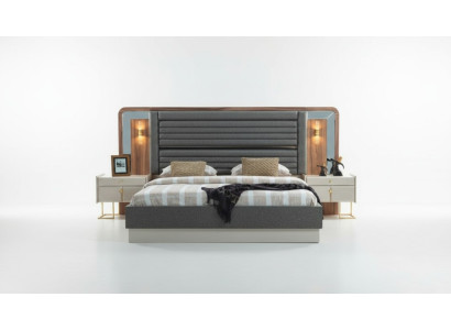 Gray beds designer bedroom double bed 2 wooden nightstands 3-piece set