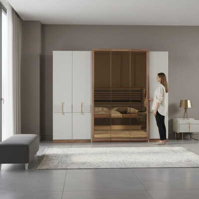 White wardrobe, designer wood cabinet, bedroom glass cabinet.