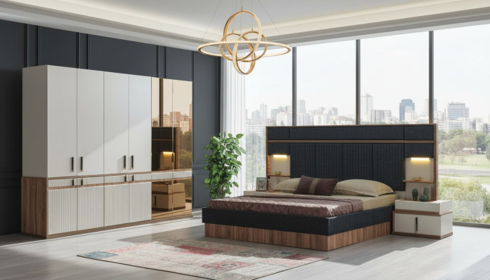 Furniture Luxury Bed 2x Nightstands Wardrobe Bedroom Set