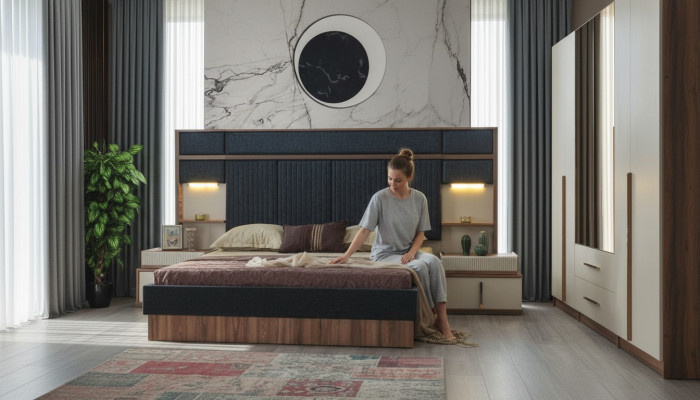 Modern bedroom set double bed wood nightstands upholstered bed