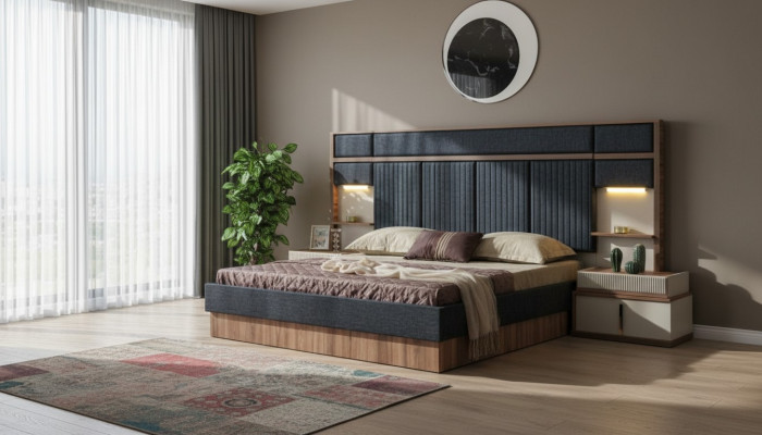Modern bedroom set double bed wood nightstands upholstered bed