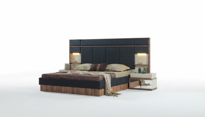 Modern bedroom set double bed wood nightstands upholstered bed