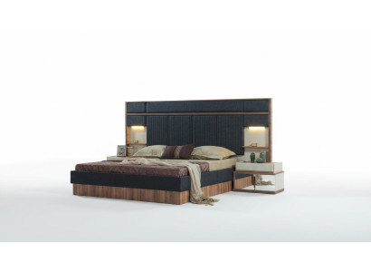 Modern bedroom set double bed wood nightstands upholstered bed