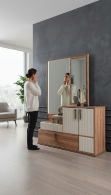 White-Brown Dresser Mirror Bedroom Wooden Furniture Designer Set