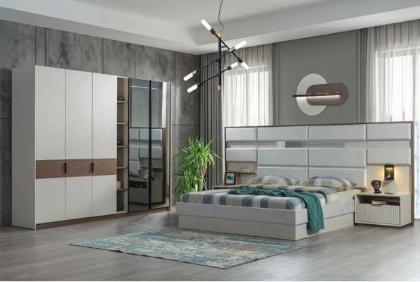 White Bedroom Set Double Bed Bedside Tables Wardrobe 4-piece New