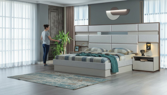 White bedroom furniture designer double bed luxury 2x wooden nightstands
