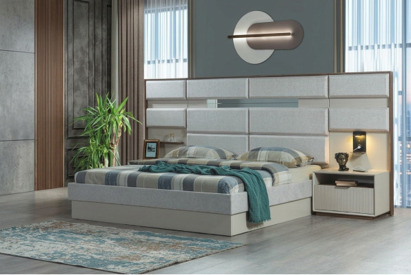 White bedroom furniture designer double bed luxury 2x wooden nightstands